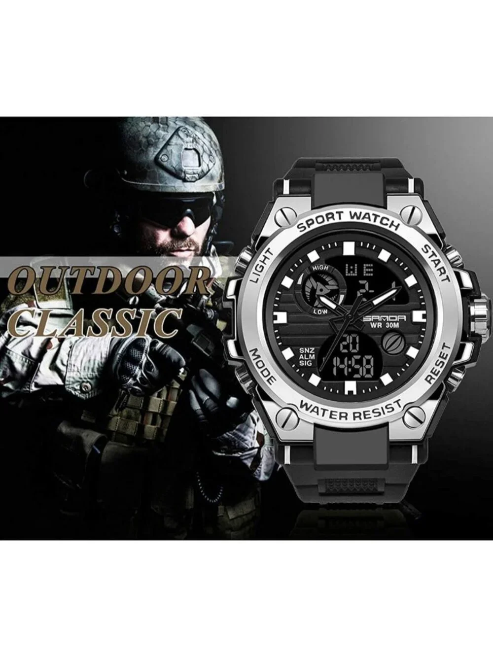 Men's Silver Analog Quartz Sports Waterproof Military Tactical LED Digital Watch